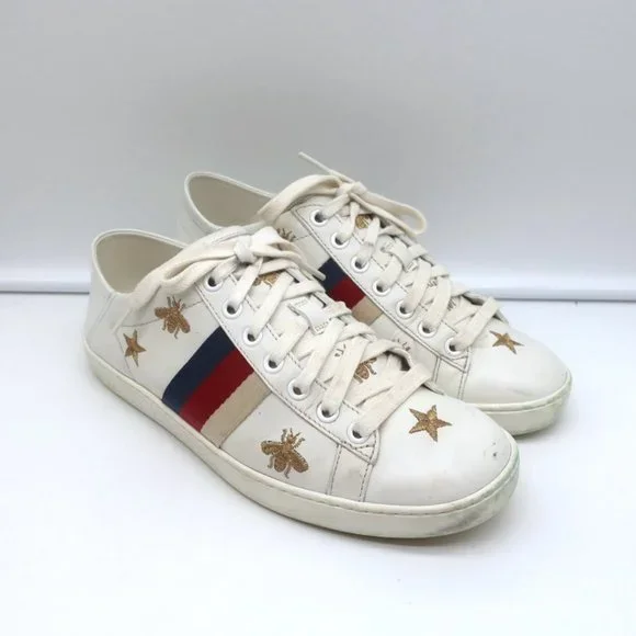 GUCCI ACE BEES & STARS EMBROIDERED SNEAKERS WHITE LEATHER SIZE 35.5 (Runs Large) - Picture 3 of 12